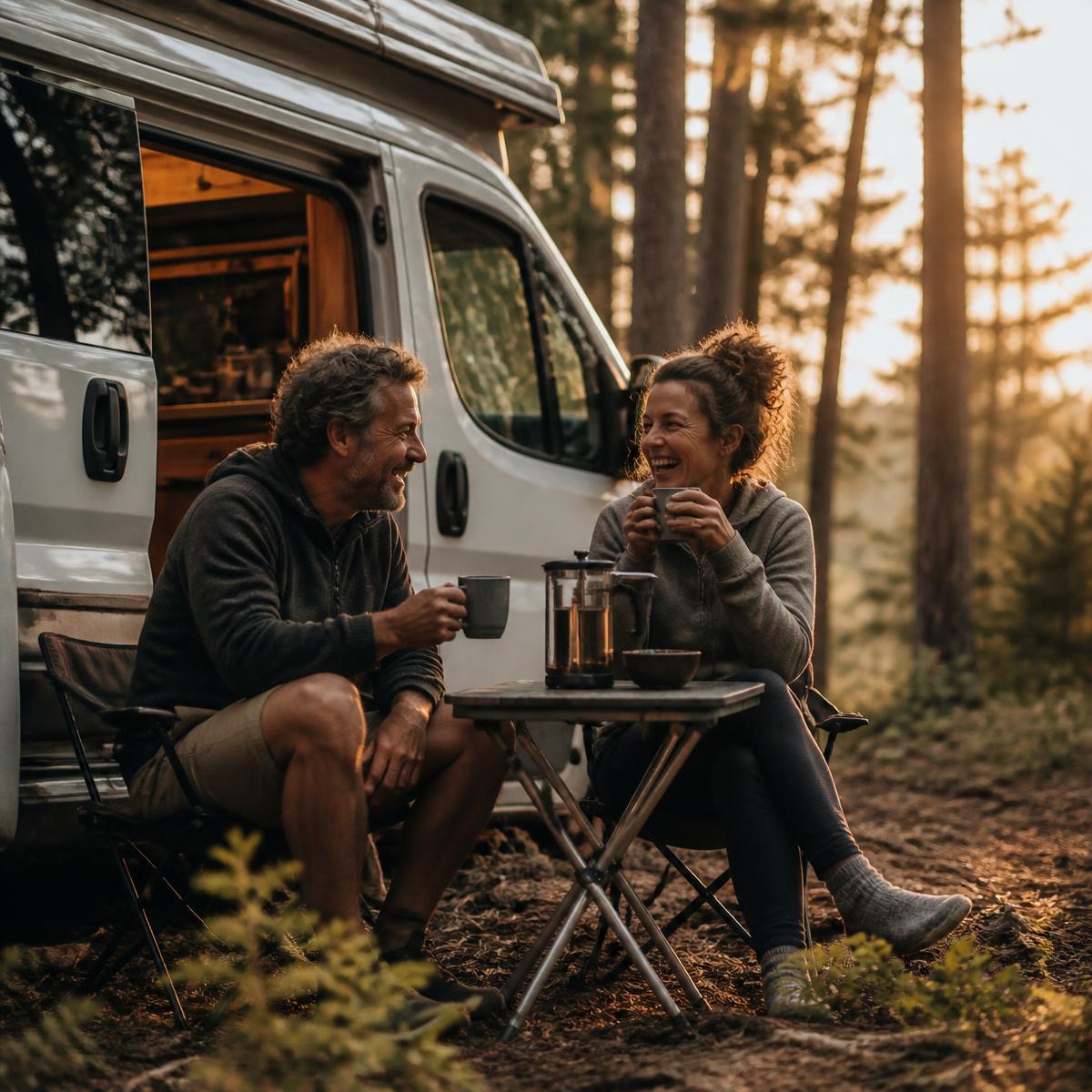Stel drinkt koffie naast hun camper in het bos bij zonsondergang